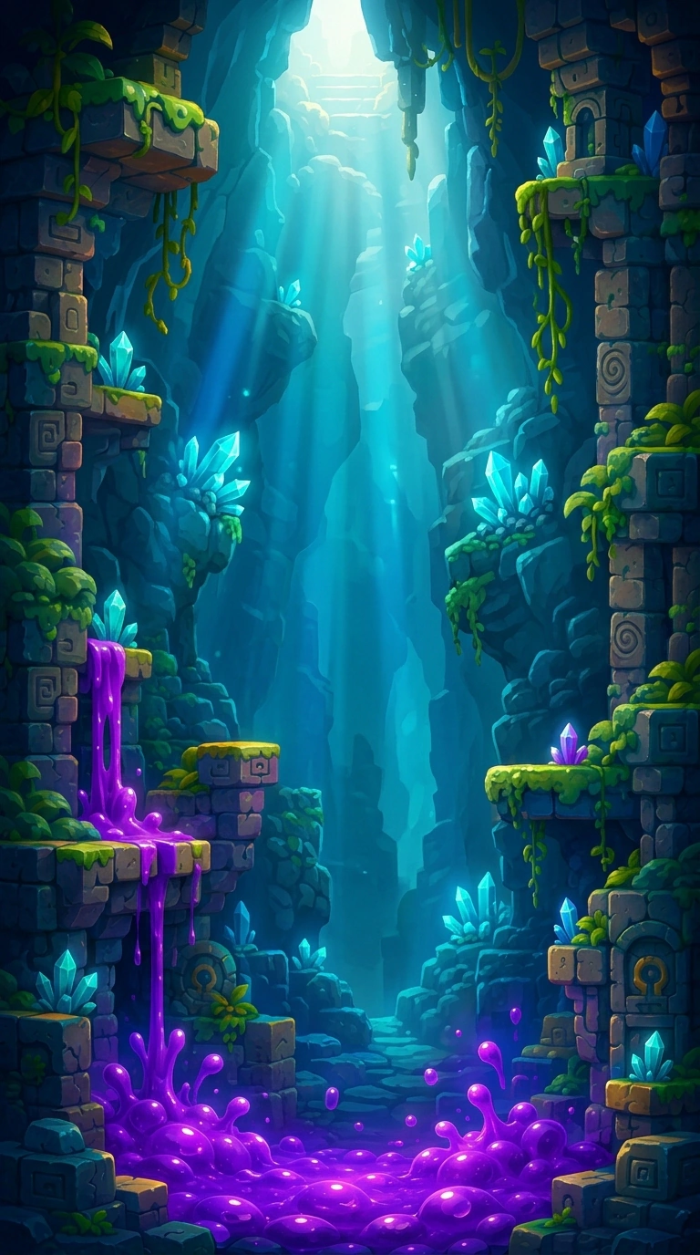 The colourful Crystal Ruins game world